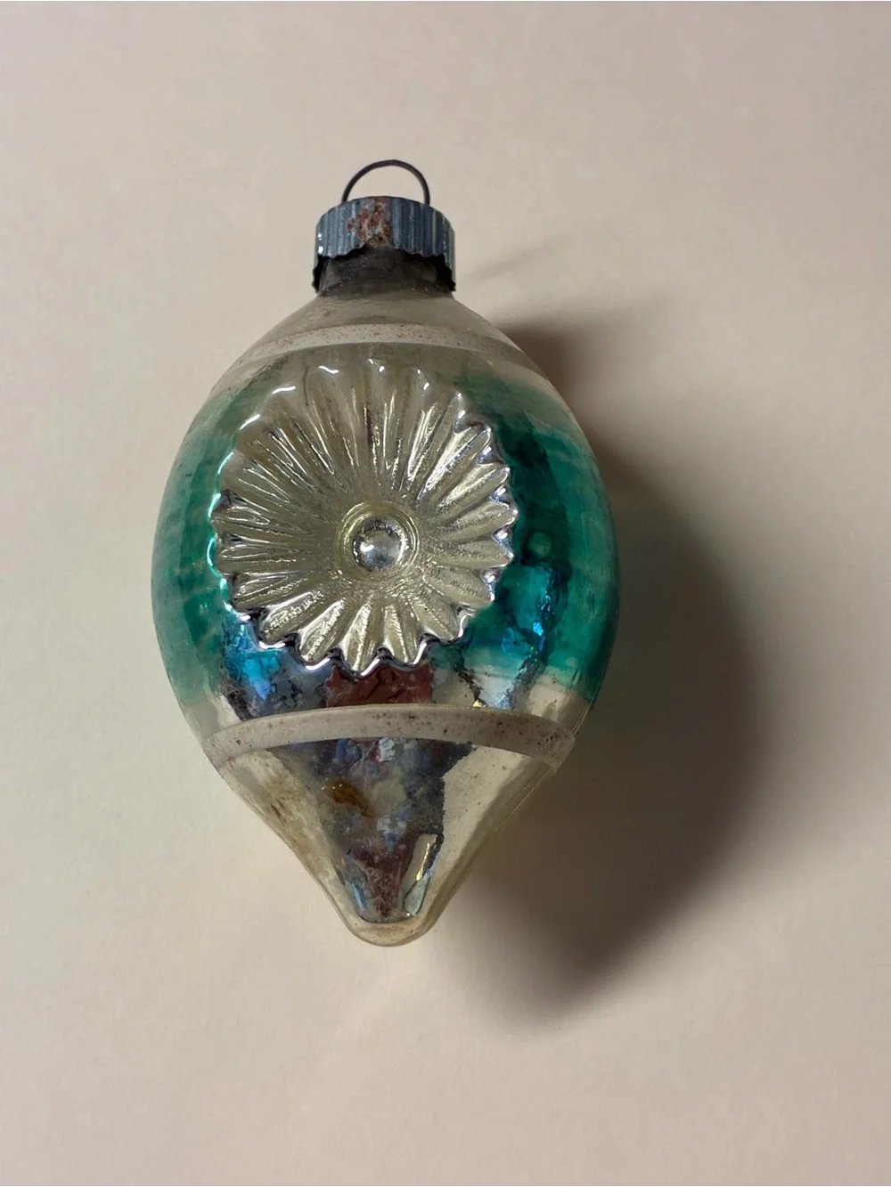 Shimmering Teardrop Glass Ornament in Aqua and Silver